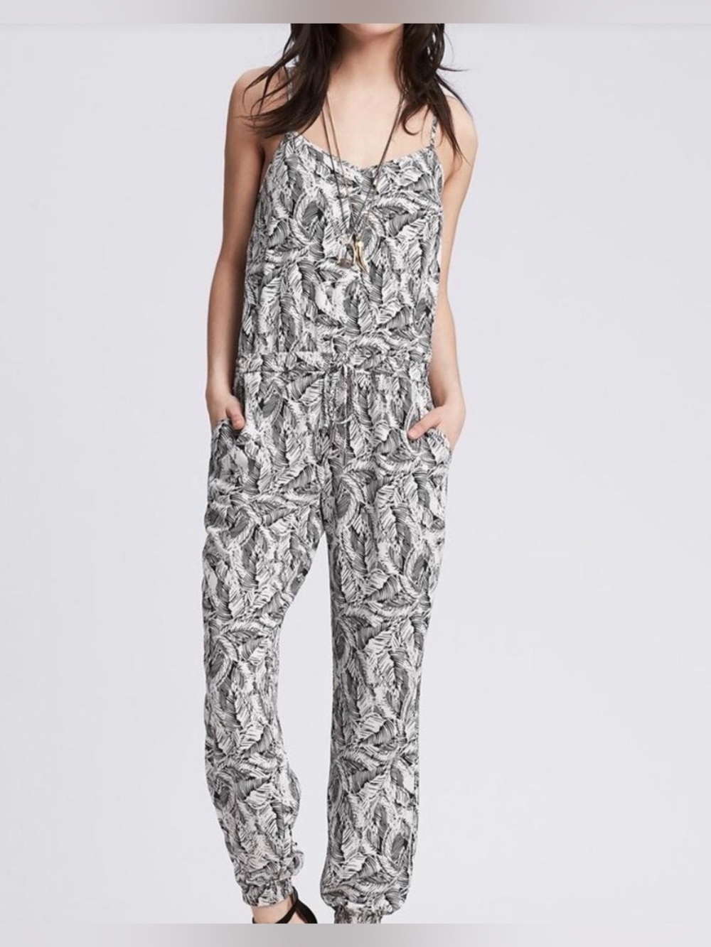 Banana Republic Black & White Leaf-Print Jumpsuit
